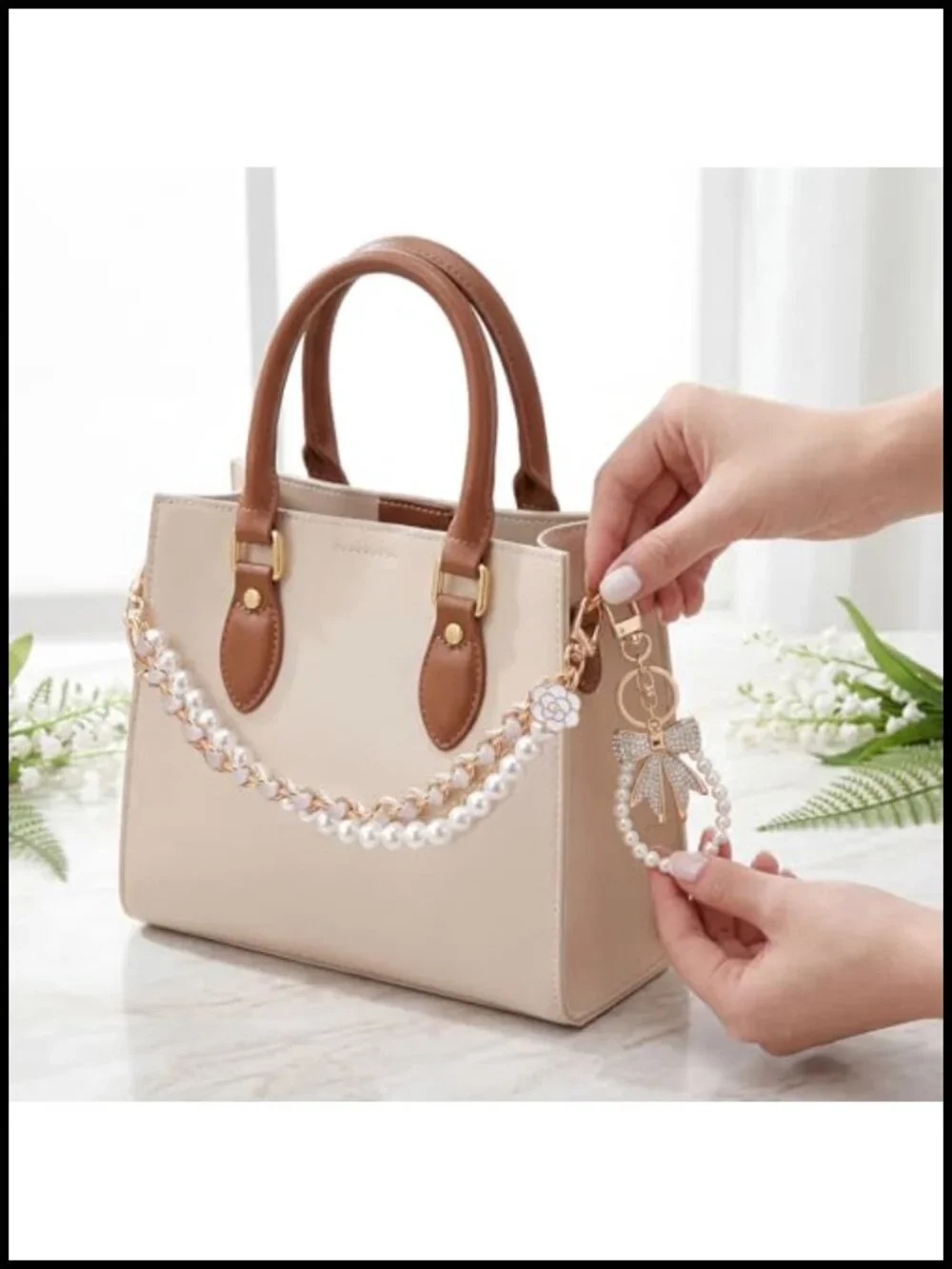 4-Piece Purse Charm Set - Pearl Chains, Rhinestone Bow, Gold-Tone Bag Chain